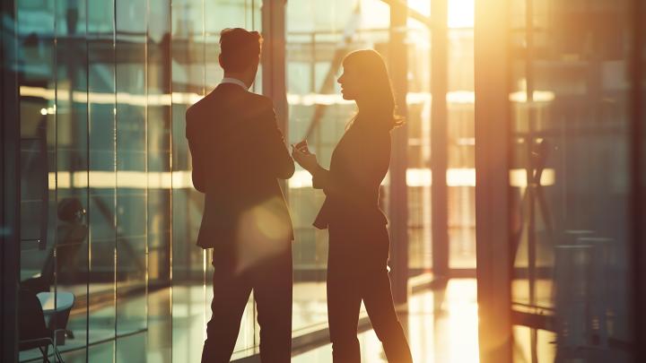 two business people standing front of a glass wall