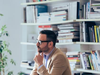 corporate office employee discussing topic