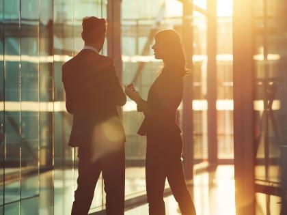 two business people standing front of a glass wall