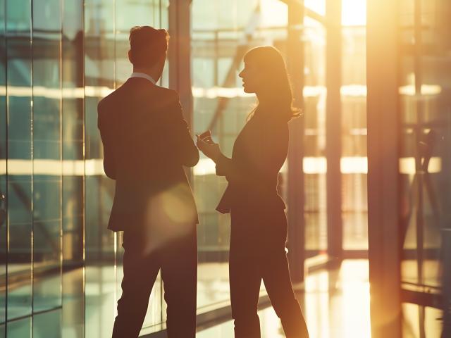 two business people standing front of a glass wall